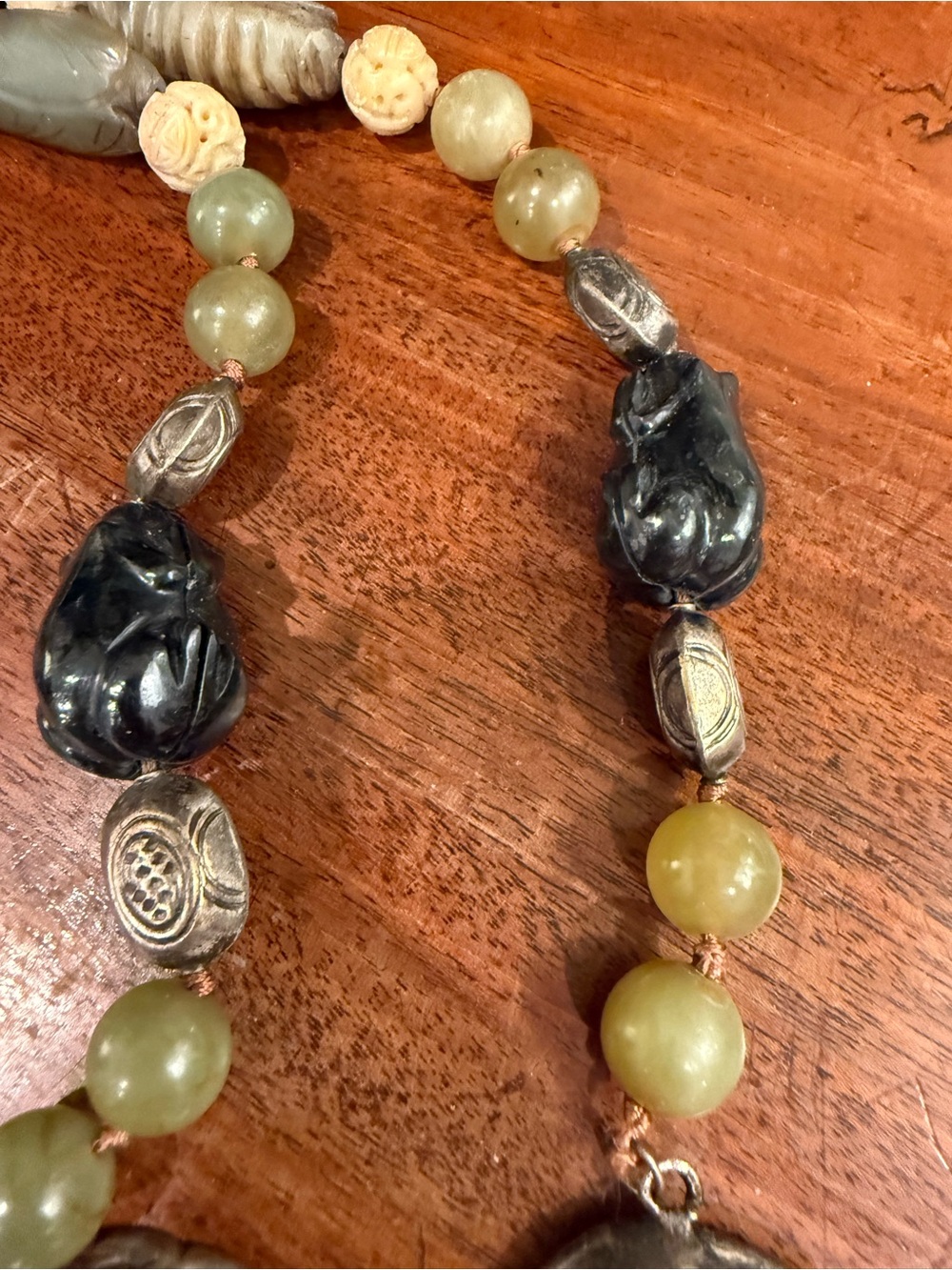 Artisan Silver Lion Pendant Necklace with Green Jade and Black Onyx Beads-FIRM - Picture 4 of 6